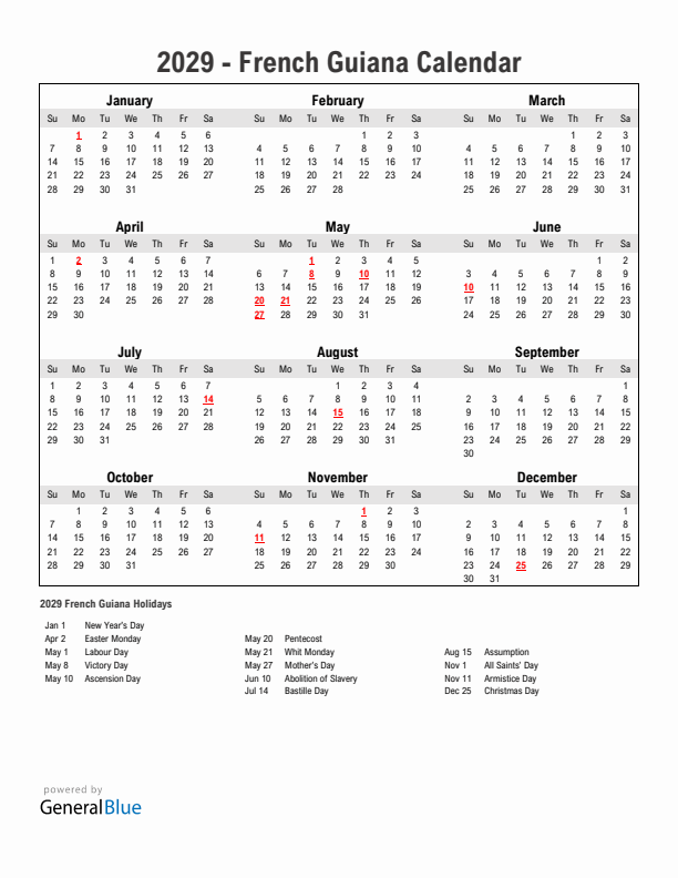 Year 2029 Simple Calendar With Holidays in French Guiana