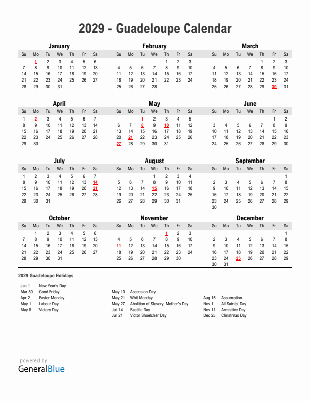Year 2029 Simple Calendar With Holidays in Guadeloupe