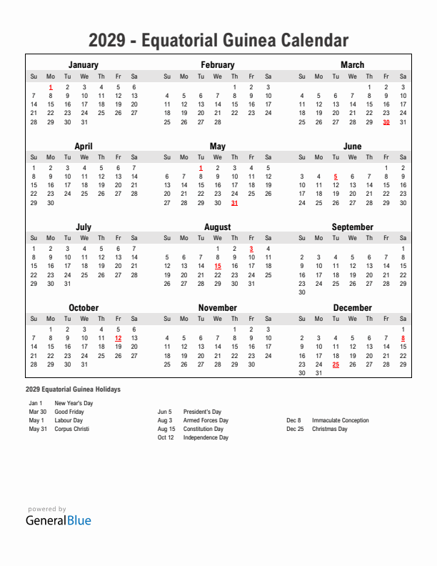 Year 2029 Simple Calendar With Holidays in Equatorial Guinea