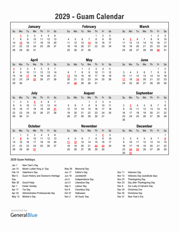 Year 2029 Simple Calendar With Holidays in Guam