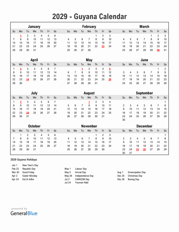 Year 2029 Simple Calendar With Holidays in Guyana