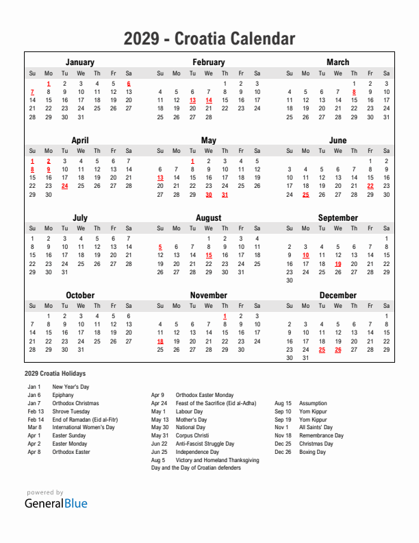 Year 2029 Simple Calendar With Holidays in Croatia