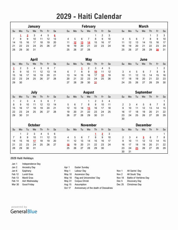 Year 2029 Simple Calendar With Holidays in Haiti