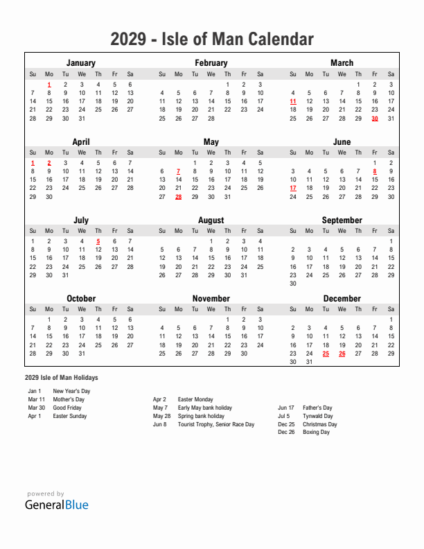 Year 2029 Simple Calendar With Holidays in Isle of Man