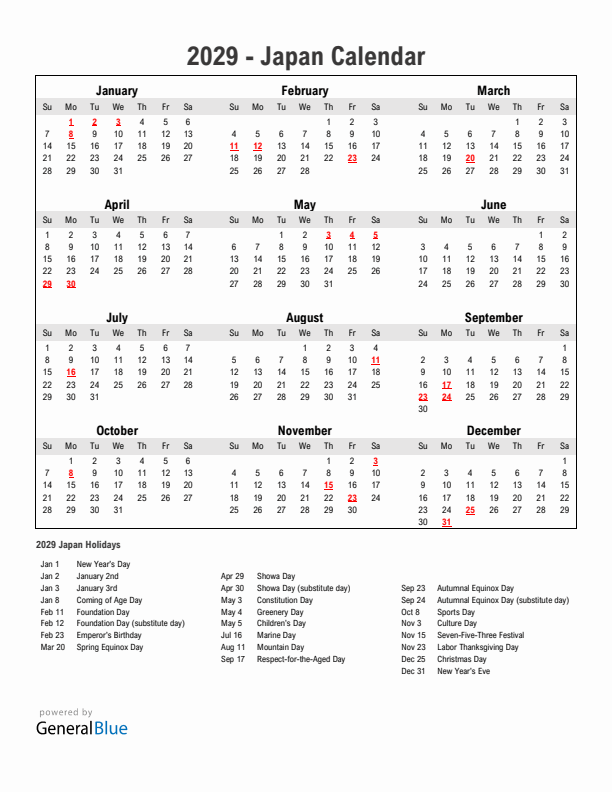 Year 2029 Simple Calendar With Holidays in Japan