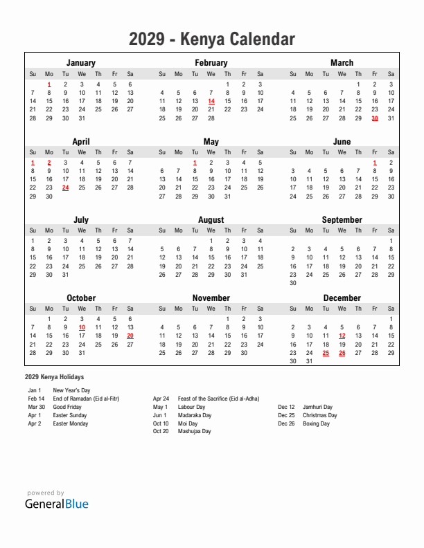 Year 2029 Simple Calendar With Holidays in Kenya
