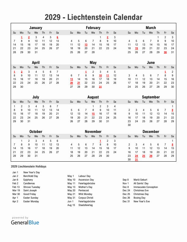 Year 2029 Simple Calendar With Holidays in Liechtenstein