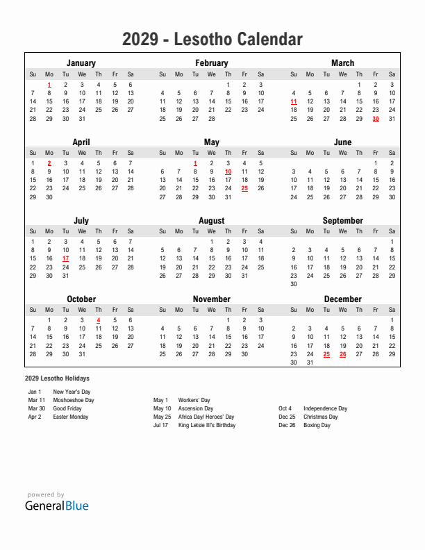 Year 2029 Simple Calendar With Holidays in Lesotho