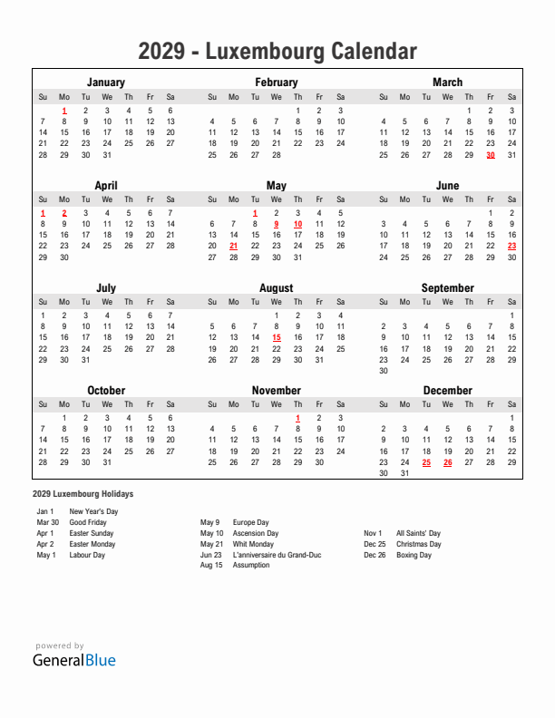 Year 2029 Simple Calendar With Holidays in Luxembourg