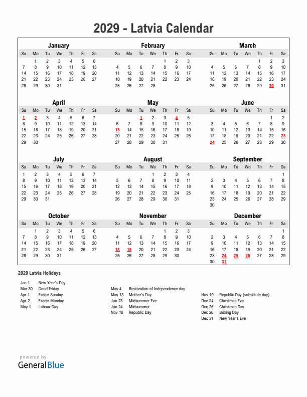 Year 2029 Simple Calendar With Holidays in Latvia
