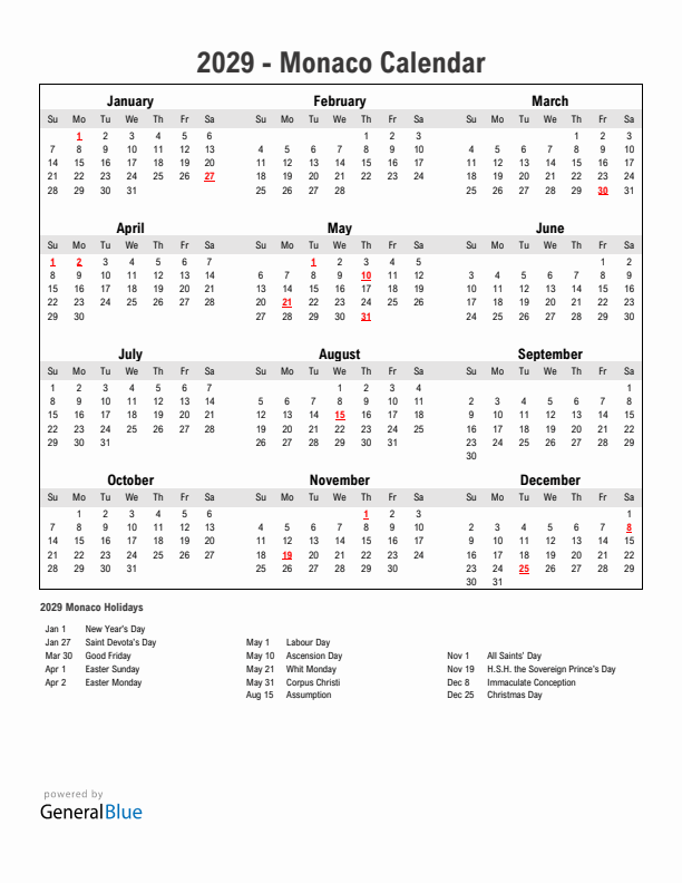 Year 2029 Simple Calendar With Holidays in Monaco