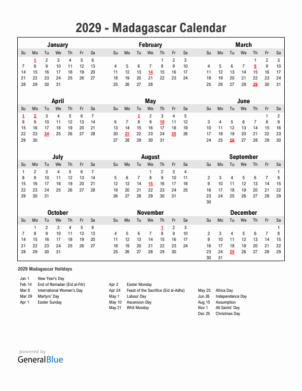 Year 2029 Simple Calendar With Holidays in Madagascar