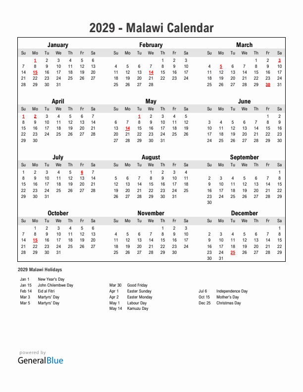 Year 2029 Simple Calendar With Holidays in Malawi