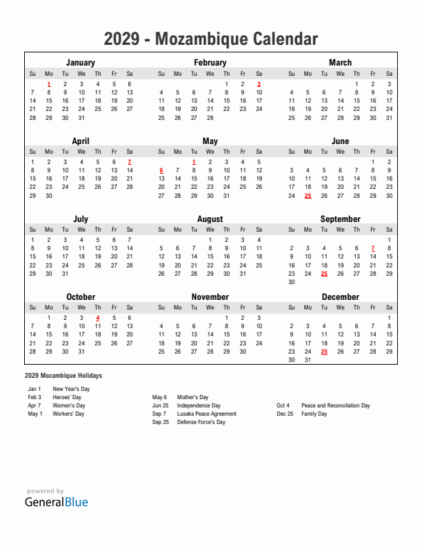 Year 2029 Simple Calendar With Holidays in Mozambique