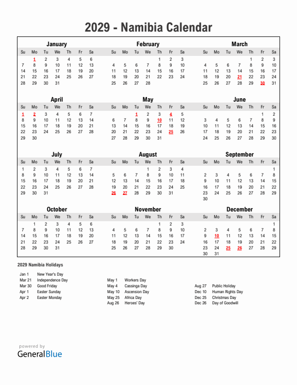 Year 2029 Simple Calendar With Holidays in Namibia
