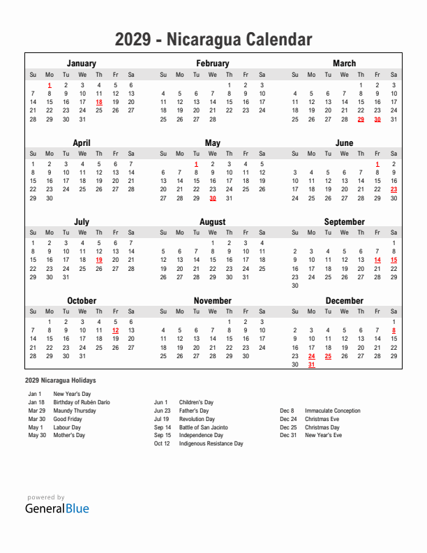 Year 2029 Simple Calendar With Holidays in Nicaragua