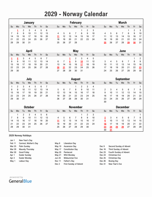 Year 2029 Simple Calendar With Holidays in Norway