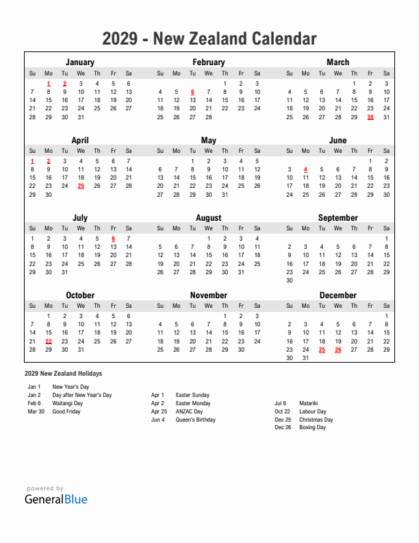 Year 2029 Simple Calendar With Holidays in New Zealand