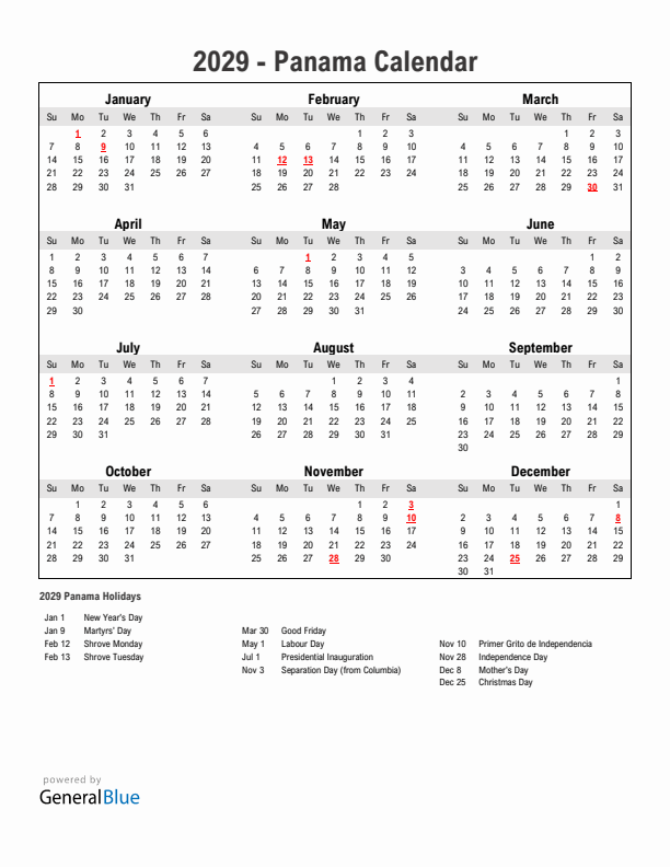 Year 2029 Simple Calendar With Holidays in Panama
