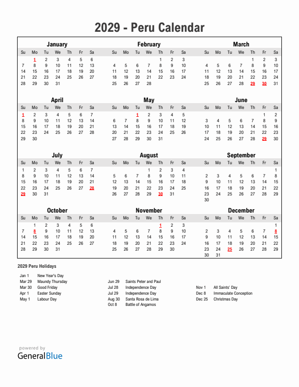 Year 2029 Simple Calendar With Holidays in Peru