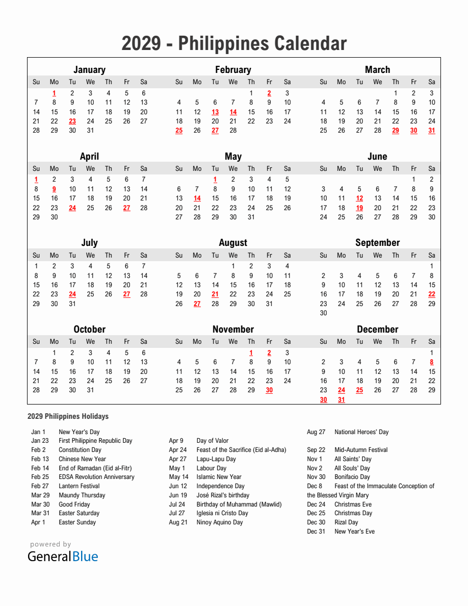 Year 2029 Simple Calendar With Holidays in Philippines