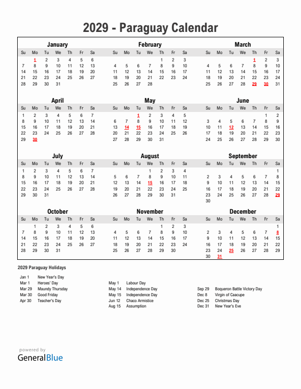 Year 2029 Simple Calendar With Holidays in Paraguay