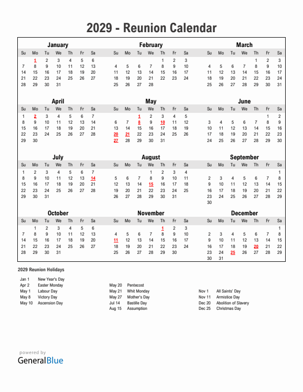Year 2029 Simple Calendar With Holidays in Reunion
