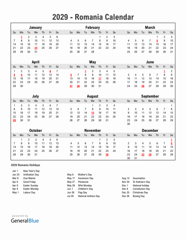 Year 2029 Simple Calendar With Holidays in Romania