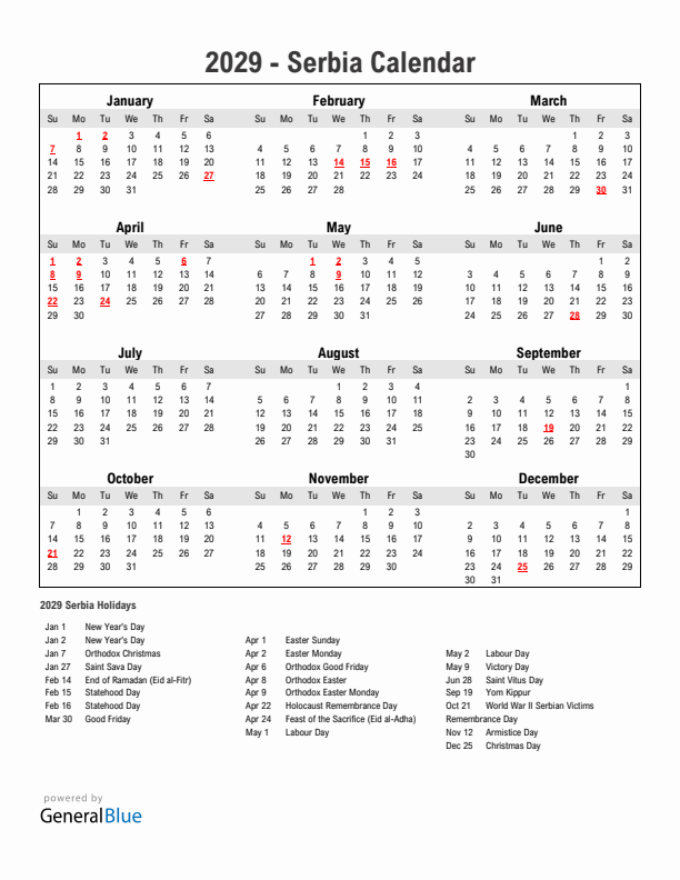 Year 2029 Simple Calendar With Holidays in Serbia
