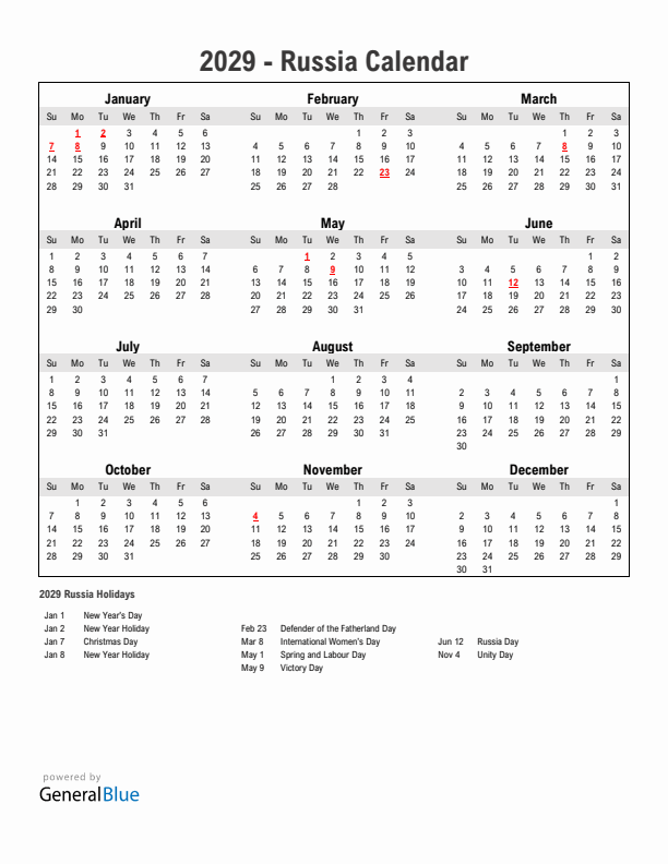 Year 2029 Simple Calendar With Holidays in Russia