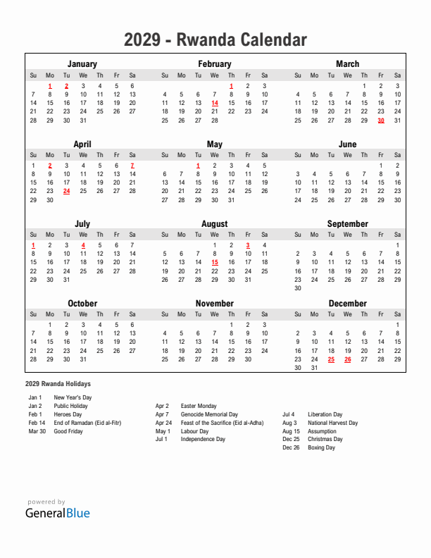 Year 2029 Simple Calendar With Holidays in Rwanda
