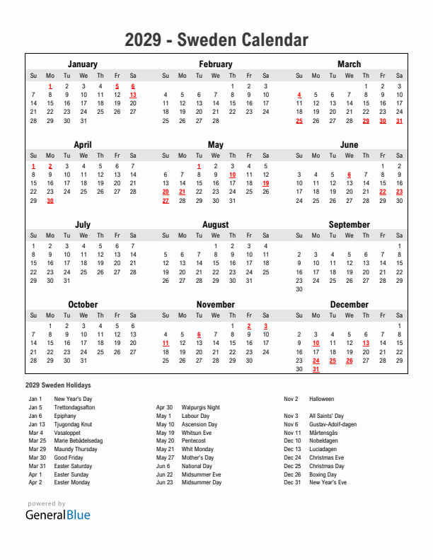 Year 2029 Simple Calendar With Holidays in Sweden