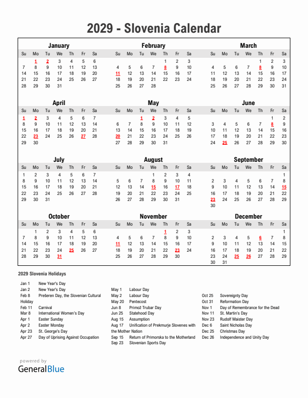 Year 2029 Simple Calendar With Holidays in Slovenia