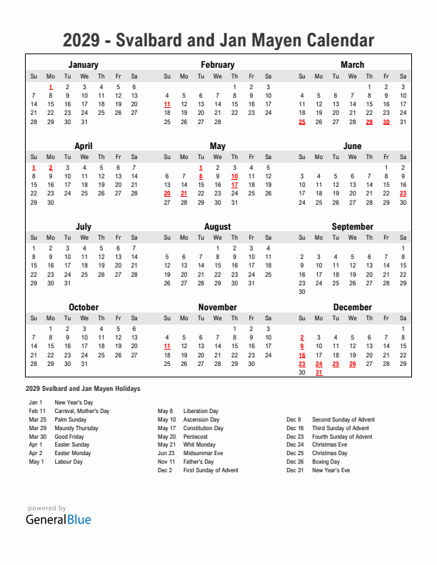 Year 2029 Simple Calendar With Holidays in Svalbard and Jan Mayen