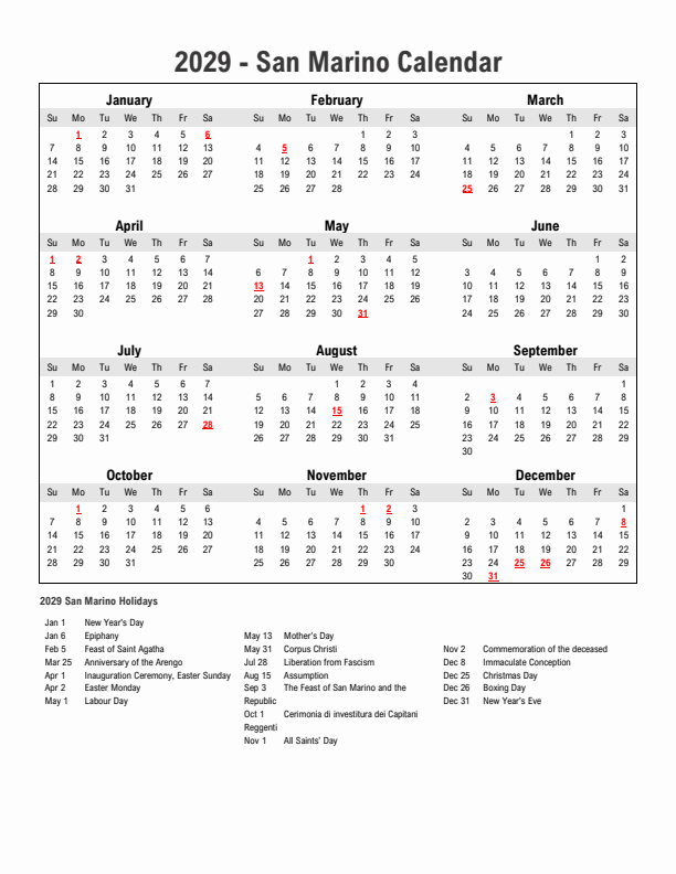 Year 2029 Simple Calendar With Holidays in San Marino