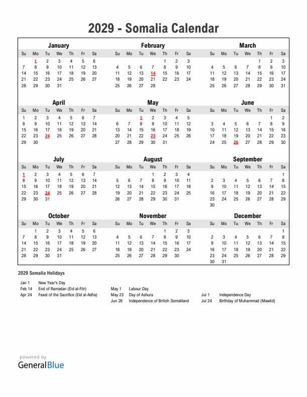 Year 2029 Simple Calendar With Holidays in Somalia