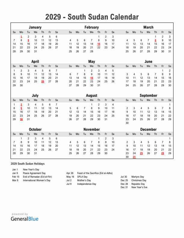 Year 2029 Simple Calendar With Holidays in South Sudan