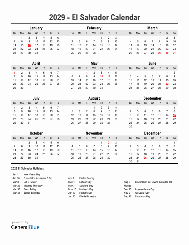 Year 2029 Simple Calendar With Holidays in El Salvador