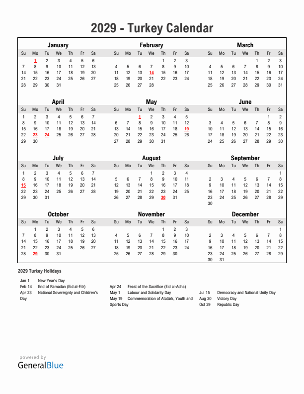 Year 2029 Simple Calendar With Holidays in Turkey