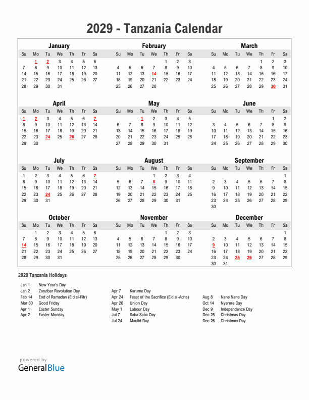 Year 2029 Simple Calendar With Holidays in Tanzania