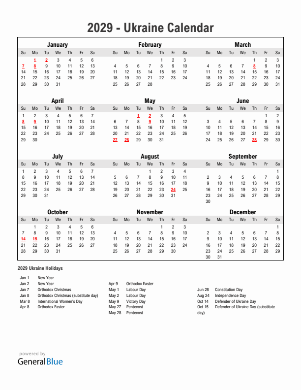Year 2029 Simple Calendar With Holidays in Ukraine