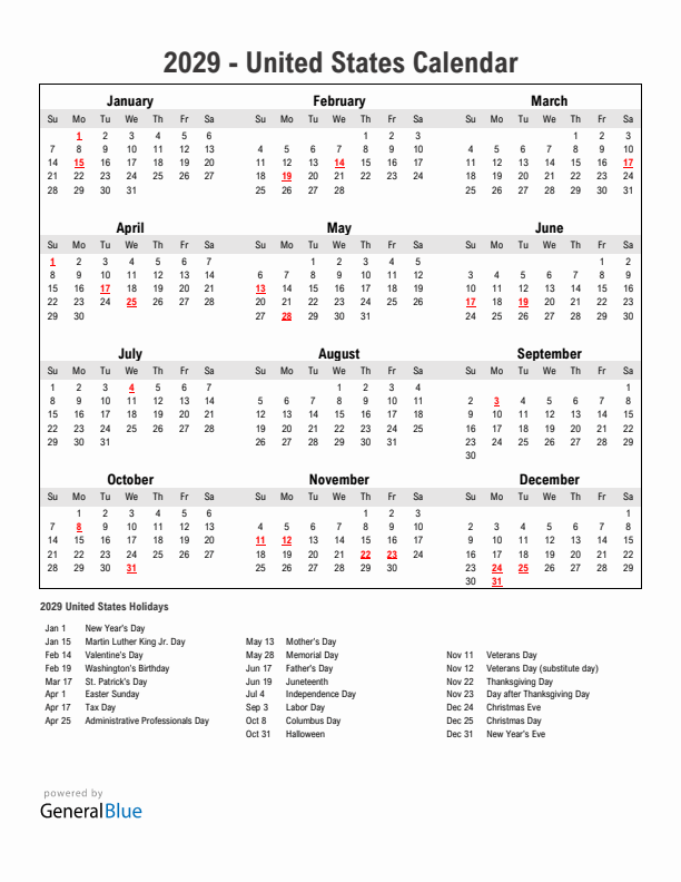 Year 2029 Simple Calendar With Holidays in United States