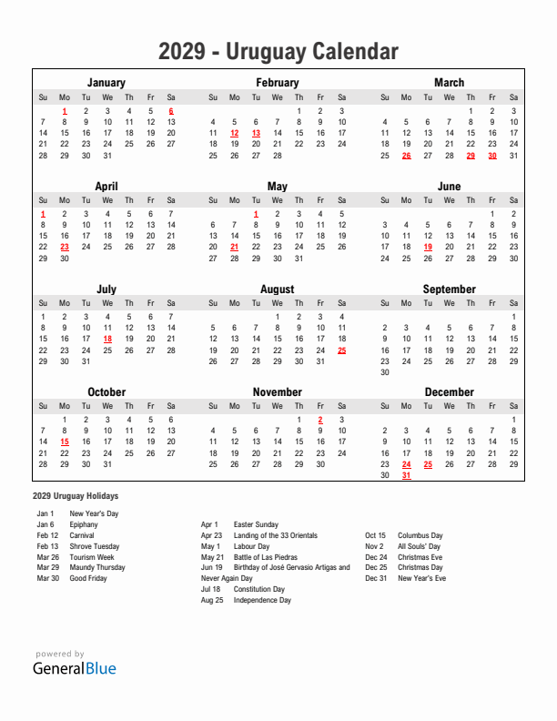 Year 2029 Simple Calendar With Holidays in Uruguay