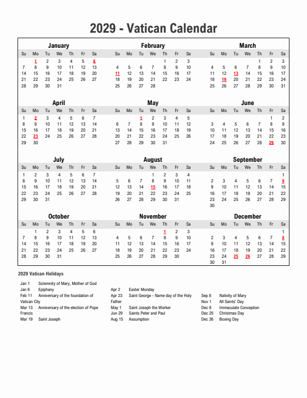 Year 2029 Simple Calendar With Holidays in Vatican