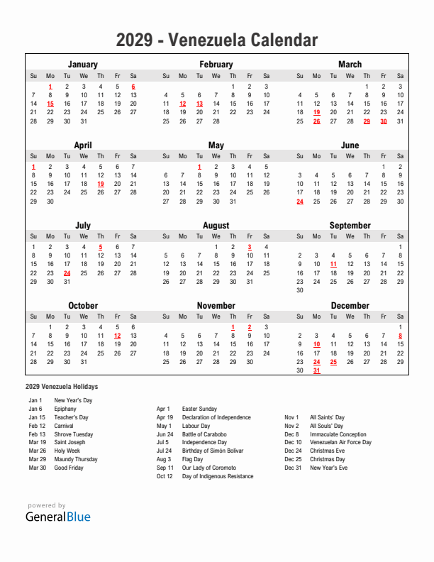 Year 2029 Simple Calendar With Holidays in Venezuela