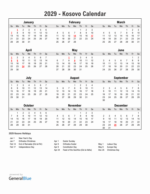 Year 2029 Simple Calendar With Holidays in Kosovo