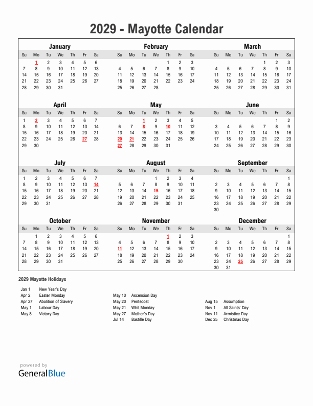 Year 2029 Simple Calendar With Holidays in Mayotte