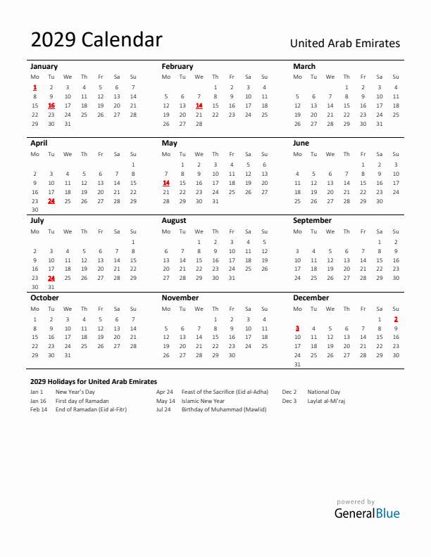 Standard Holiday Calendar for 2029 with United Arab Emirates Holidays 