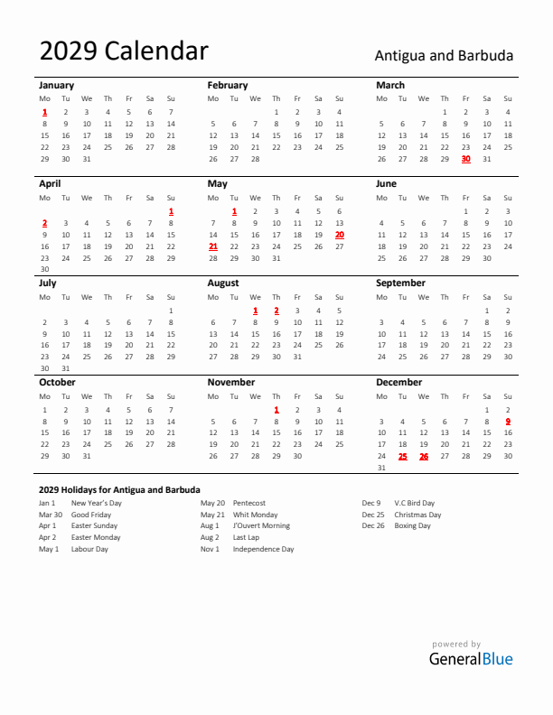 Standard Holiday Calendar for 2029 with Antigua and Barbuda Holidays 