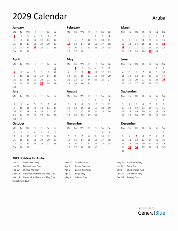 Standard Holiday Calendar for 2029 with Aruba Holidays 